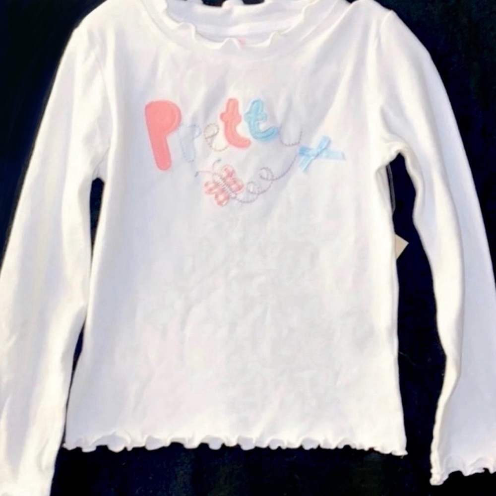 💞 New Little Girls Size 4 “Pretty” Embellished White Long Sleeved Tee Shirt